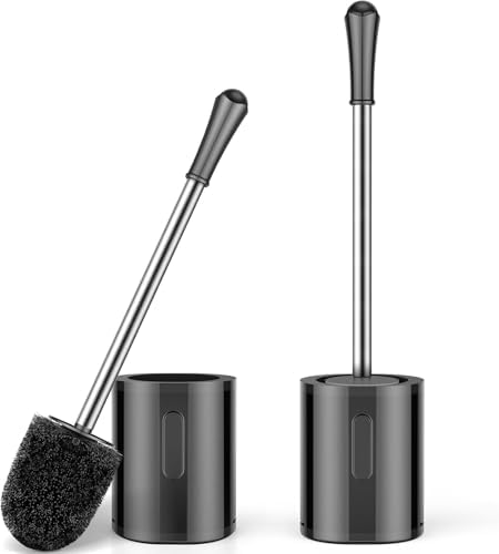 Compact Size Toilet Brush & Holder, 2 Pack, Stainless Steel Handle, Space Saving for Storage, Drip-Proof, Easy to Assemble, Black by AONEZ