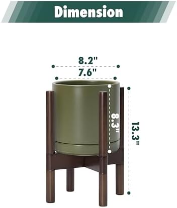 D'vine Dev Ceramic Pot with Walnut Wood Stand, Olive, 8 in, 55-B-Y-J - Image 3