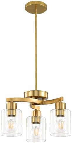 3 Light Brass Gold Dining Room Chandelier, Modern Industrial Pendant Light for Kitchen Island, Adjustable Height Hanging Ceiling Light Fixture with Clear Glass Shades,E26 Base,Dimmable by KLSSLighting
