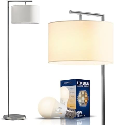 Brightech Montage Modern Floor Lamp - LED Standing Lamp with White Shade and Adjustable Color for Living Rooms & Offices - Tall Corner Bedroom Reading Light for Contemporary Home Decor - Satin Nickel by Brightech