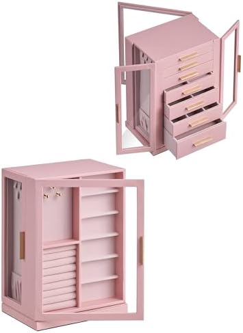 Glimmloop 360° Rotating Jewelry Box with 7 Drawers, Spacious Vertical Jewelry Organizer with Glass Window, Jewelry Storage Case, Dustproof & Moisture-resistant Design, Pink - Image 7