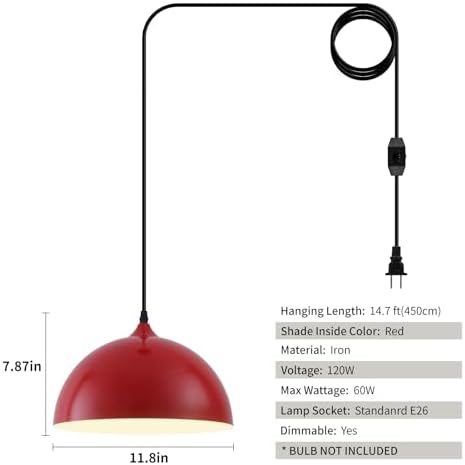 Red Plug in Pendant Light 2 Packs 11.8inch 14.7 ft, Farmhouse Pendant Light, Kitchen Pendant Lights, Pendant Lights Kitchen Island, Hanging Lights with Plug in Cord for Dining Room, Bedroom - Image 3