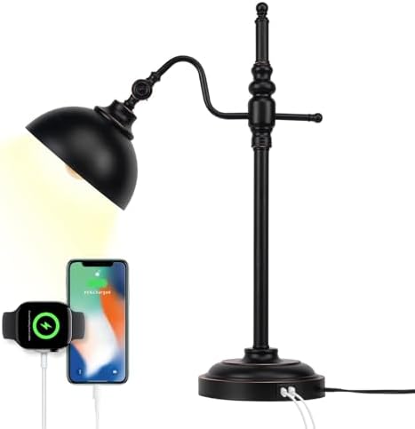 Industrial Desk Lamp - Black Metal Task Lamp with 2 USB Charging Ports,Vintage Farmhouse Style for Bedroom,Coffee,Dorm,Farmhouse Decor by JCPYIUL