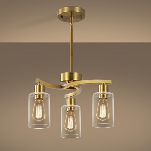 CNRATYE 3-Light Gold Dining Room Chandeliers Over Table, Contemporary Kitchen Island Pendant Lighting, Industrial Hanging Light Fixture for Entryway Hallway Foyer Bedroom, Clear Glass Shade by CNRATYE