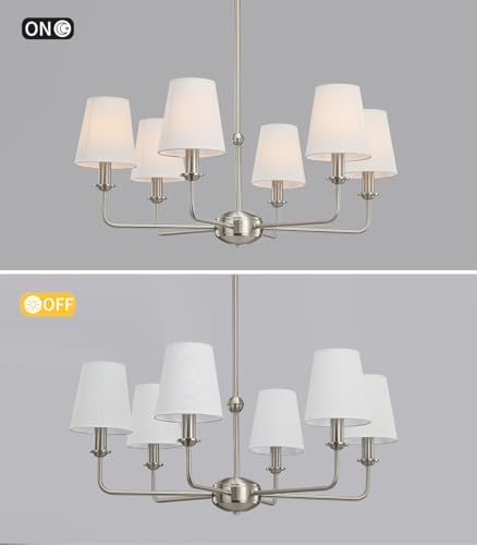 6-Light Brushed Nickel Chandelier with White Fabric Shades, E12 Base Modern Farmhouse Ceiling Light Fixture for Dining Room, Living Room, Bedroom, Kitchen, Foyer, Adjustable Hanging Rod. - Image 4