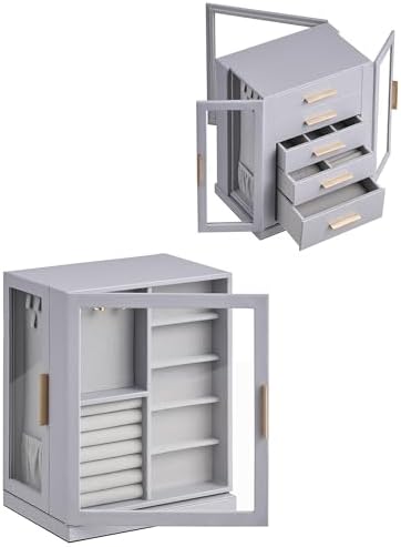 Glimmloop 360° Rotating Jewelry Box with 5 Drawers, Spacious Vertical Jewelry Organizer with Glass Window, Jewelry Storage Case, Dustproof & Moisture-resistant Design, Grey - Image 7