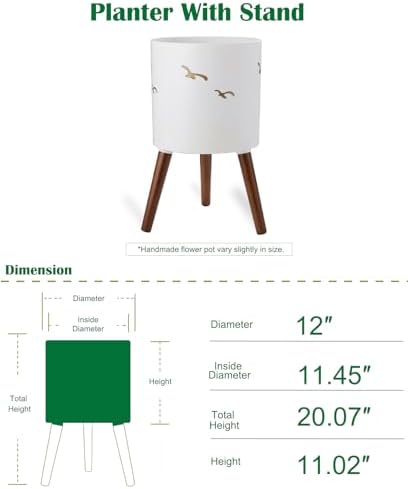 12 Inch Planter,Plant Pot with Stand for Indoor Plants,Large Modern Plant Pots with a Dove Pattern Indoor Outdoor with Drainage for Home Garden Patio,White and Gold - Image 3