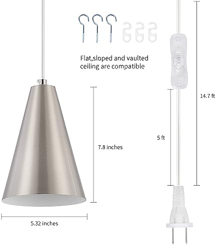 Brushed Nickel Plug In Pendant Light,Hanging Lights with Plug In Cord On/Off Switch, Mini Silver Pendant Lights for Kitchen Island,Modern Chandelier with Metal Shade,Hanging Lamps for Bedroom - Image 4