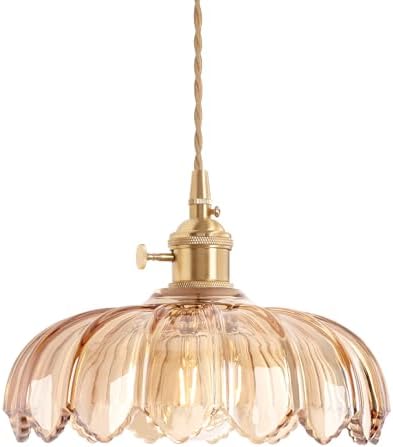 Shenmoyl Pendant Light with Amber Scindapsus Glass Lmapshade, Brass Vintage Pendant Light Adjustable Hanging Light for Kitchen Island Dining Room Hallway by Shenmoyl