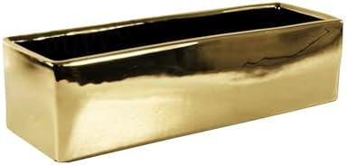 WGVI Long Rectangle Ceramic Planter Vase in Gold 12" x 4" x 4"H, Block Rectangular Terrarium Box Pot, Flower Arrangement, Table top Centerpiece, Home Decor Organization Storage Container, 1 Pc. by WGVInternational-OpusGlassware
