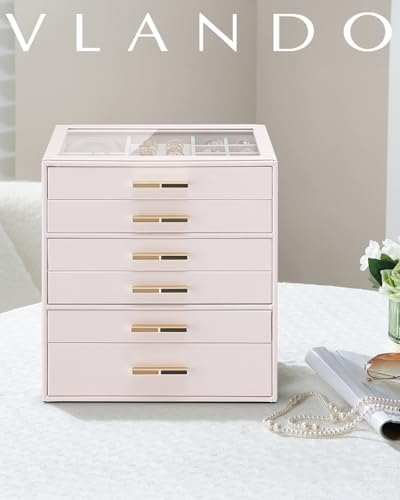 VLANDO 6 Layer Jewelry Box for Women, Glass Lid Jewelry Organizer with 6 Drawers for Necklaces Rings Earrings Bracelets - Light Pink - Image 2