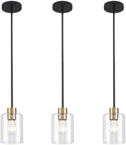 Modern 3 Pack Black Gold Pendant Lights for Kitchen Island, Brushed Brass Modern Hanging Light with Clear Glass Shade, Adjustable Metal Rod Pendant Lighting for Dining Room, Living Room, Bar, Entryway by KLSSLighting