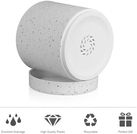 Meowell 6/5/4 inch Plant Pots, 3 Pack Cylinder Flower Pots for Small Indoor Outdoor Plants, Plastic Planters with Drainage Holes and Saucers for Garden Succulent House Plants, Speckled White - Image 3