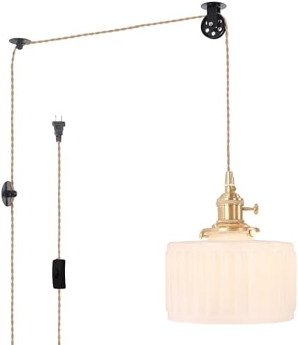 Shenmoyl Plug in Pendant Light Hanging Light Fixture Corded On/Off Switch Brass Pendant Light with White Striped Glass Lampshade for Bedroom Living Room Kitchen Island by Shenmoyl