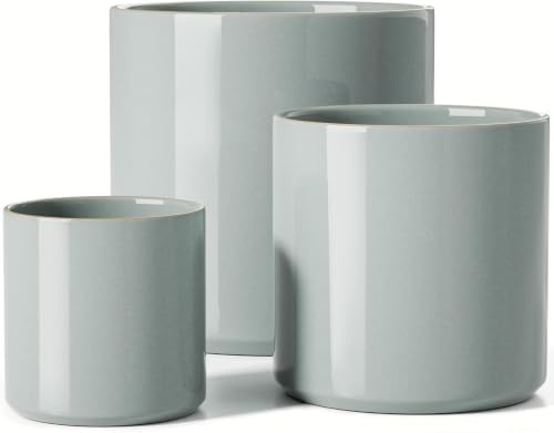 LE TAUCI 10+8+6 Inch Ceramic Pots for Plants, Indoor Planters with Drainage Hole and Plug, Modern Cylinder Flower Pots Set of 3 for Living Room and Bedroom, Glossy, Mist Gray by LETAUCI