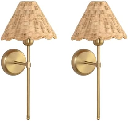 Rattan Wall Sconce Set of 2, Hardwired Boho Wall Sconces with Handwoven Rattan Shade, Gold Wall Lights for Bedroom, Bedside, Hallway, Living Room by FOLUX