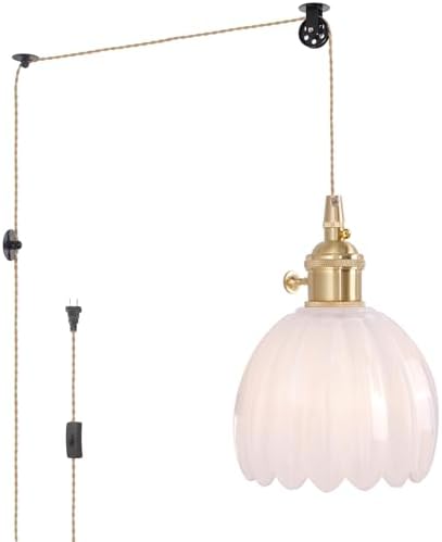 Shenmoyl Plug in Pendant Light Hanging Light Fixture Corded On/Off Switch Brass Pendant Light with White Tulip Glass Lampshade for Bedroom Living Room Kitchen Island by Shenmoyl