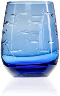 Rolf Glass School of Fish Blue Stemless Wine Glass | Set of 4 Stemless Glasses | 15oz Limited Edition Blue Glass Tumblers | Engraved Lead-Free Coastal Glassware | Made in the USA - Image 3