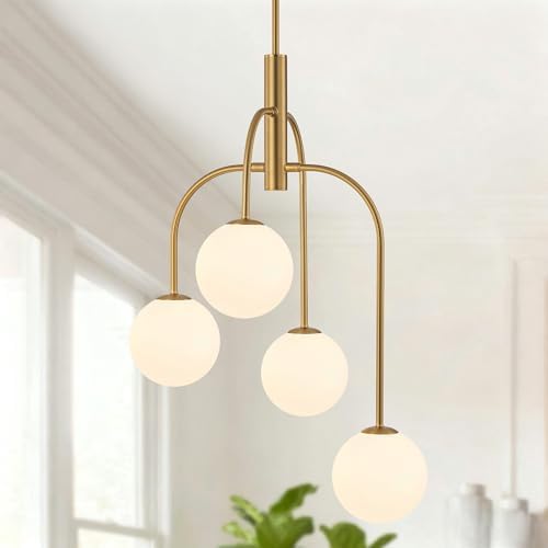 LamQee 4 Lights Mid Century Modern Chandelier, Milk Glass Globe Chandelier Light Fixture with Gold Metal & White Ball, Large Pendant Lighting Ceiling Hanging for Dining Room Kitchen Island Entryway by LamQeeLights
