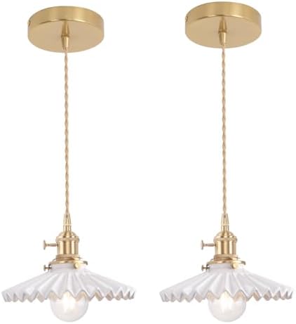 Shenmoyl Pendant Light 2 Pack with White Pleated Ceramic Lmapshade, Brass Vintage Pendant Light Adjustable Hanging Light for Kitchen Island Dining Room Hallway by Shenmoyl