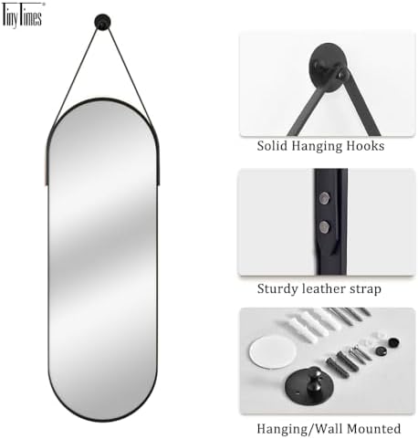 48"x16" Hanging Mirror Full Length with Leather Strap,Oval Full Length Mirror Wall-Mounted Hanging Mirrors for Bathroom Vanity Living Room Bedroom Entryway Décor, Black - Image 4
