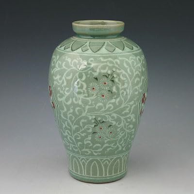 Korean Celadon Glaze Semi-Round Inlaid Copper Paint Lotus Flower Inlay Design Green Decorative Porcelain Ceramic Pottery Home Decor Accent Vase - Image 3