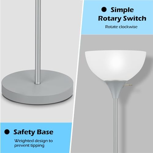 Coucrek Floor Lamp, LED Standing Lamps with White Plastic Shade, Corner Floor Lights for Living Room Bedroom, Rotary Switch, Bulb not Included, Grey - Image 4