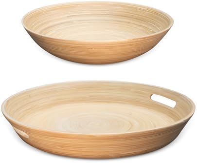 LEXA 2-Piece Handcrafted Bamboo Entertaining Set, 16” Serving Tray with Handles & 14” Salad Bowl, Spun Bamboo Serveware for Hosting, Everyday Dining & Home Décor (Natural) by LEXA