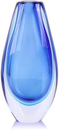 Hand Blown Glass Vase – 8.9" Tall Oval Decorative Art Glass with Colorful Speckled Finish, Luxury Centerpiece for Dining Table, Coffee Table, Mantel, Shelf, Murano Coastal Decor (Blue) by PlivBloom