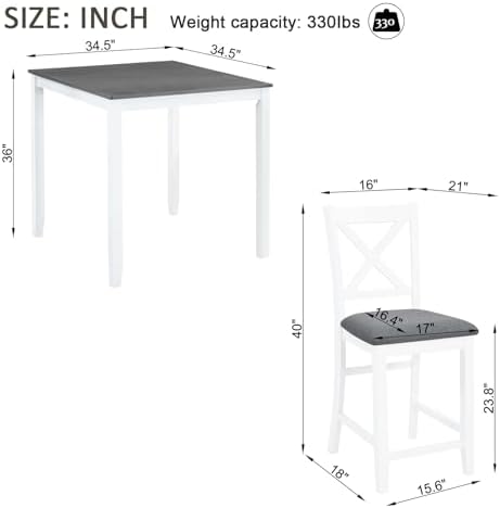 Harper & Bright Designs 5-Piece Counter Height Dining Table Set with 4 Chairs, Square Wooden Kitchen Table Set for 4, Modern Small Space Dining Room Set with Padded X-Back Chairs, Grey & White - Image 2