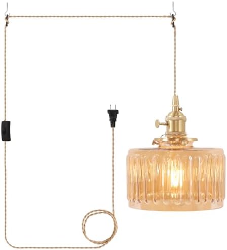 Shenmoyl Plug in Pendant Light Hanging Light Fixtures with Plugin Cord On/Off Switch,Amber Striped Glass Lampshade Brass Pendant Light by Shenmoyl
