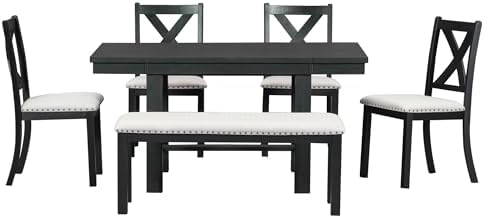 VilroCaz Farmhouse 6-Piece Extendable Dining Room Table Sets, Acacia Wood 82" Dining Table with 2 Removable Leaf and Upholstered Dining Chairs& Bench, Soft Cushion with Rivet - Image 7