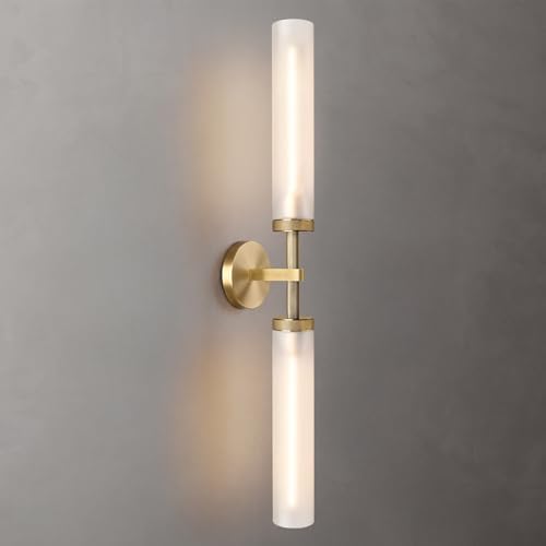 30" Knurled Brass 2 Light Wall Sconces, Long Hardwired Bathroom Vanity Light, Frosted Glass Tube Linear Modern Wall Light Fixtures, for Mirror, Bedroom, Living Room, Hallway by ZHFLT