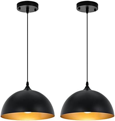 Farmhouse Pendant Lighting for Kitchen Island,Black and Gold Dome Pendant Light Fixtures, Industrial Hanging Ceiling Light for Dining Room Foyer Cafe Kitchen Sink,2 Pack by SESIMENTLogoGoboProjector