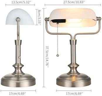 Traditional Banker's Desk Lamp with Glass Shade,Pull Chain Switch, LED Bulb Included (Satin Nickle+White) - Image 6