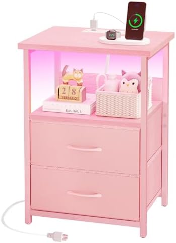 Fixwal Night Stand with Charging Station, Led Nightstand, Pink, 2 Drawers - Image 5