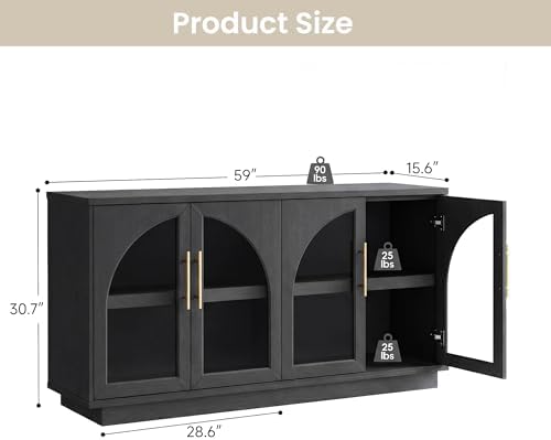 Fatmok 2-Piece Buffet Cabinet Set, Glass Display Cabinet & Solid Storage Cabinet Combo, 59” Modern Sideboard with Adjustable Shelves for Dining Room Living Room Entryway (Black Grey) - Image 2