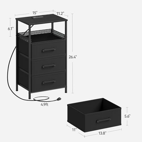 JARHETUN Night Stand Set 2 with Charging Station, 3 Drawer Nightstands with LED Lights, End Table with Outlets and USB Ports, Side Table with Open Shelf, Bedside Tables for Bedroom, Black - Image 3