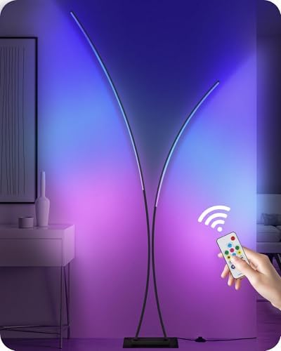 RGB Arc Floor Lamp, Dimmable Double-Light Standing Lamp, 3CCT, Remote & Foot Switch, for Living Room, Office, Bedroom, Black RB61LD05 by GOEBLESON