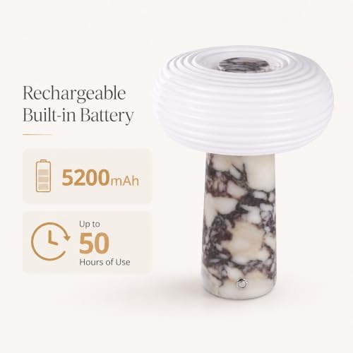 Nebula Marble Cordless Table Lamp, Rechargeable Lamp with 5200mAh Battery, 3- Way Dimmable, Genuine Calacatta Viola Marble Base, Ribbed Glass Shade, for Bedroom Living Room Office - Image 4