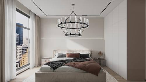 60 Inch Black Wagon Wheel Chandelier 2 Tier with Glass Shade, 30 Lights, Modern Farmhouse Style, Ideal for Dining Room, Kitchen, Entryways - Image 4
