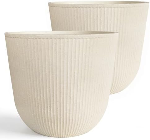 Worth Garden Round Large Planter Pot Set of 2-17.5" Dia x 15.5" H - Durable Plastic Beige Plant Tree Pots with Vertical Stripe Textured Finish, Drainage Hole for Indoor, Outdoor, Front Porch, Patio by WORTH