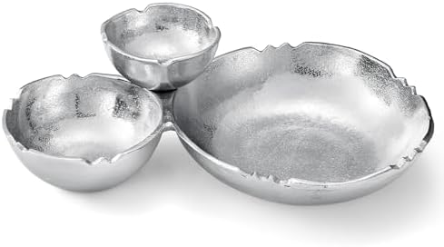3-Compartment Silver Aluminum Chip and Dip Serving Bowl | 14.6” Large Clustered Snack Tray & Nut Dish for Parties | Decorative Textured Metal Candy Server Centerpiece for Home Table Decor, Home Gifts by Gute