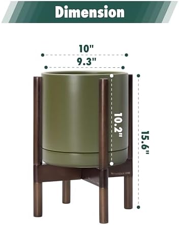 D'vine Dev Ceramic Pot with Walnut Wood Stand, Olive, 10 in, 55-B-X-J - Image 3