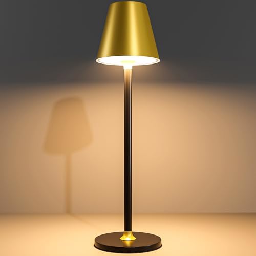 Timjorman 1-Pack Cordless Table Lamps - 5000mAh Rechargeable Battery Operated Desk Lamp, 3-Level Dimmable LED Night Light for Bedroom, Dining, Restaurant - Metal Design(Gold&Black-1Pack) by Timjorman