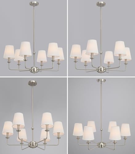 6-Light Brushed Nickel Chandelier with White Fabric Shades, E12 Base Modern Farmhouse Ceiling Light Fixture for Dining Room, Living Room, Bedroom, Kitchen, Foyer, Adjustable Hanging Rod. - Image 5