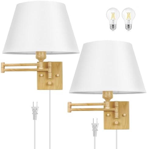 TRLIFE Dimmable Wall Sconce Plug in, Wall Sconces Set of 2 Swing Arm Wall Lights with Plug in Cord and Dimmer On/Off Knob Switch, 11.8" Large White Fabric Shade(2 LED Bulbs Included, Oak Color) by TRLIFE