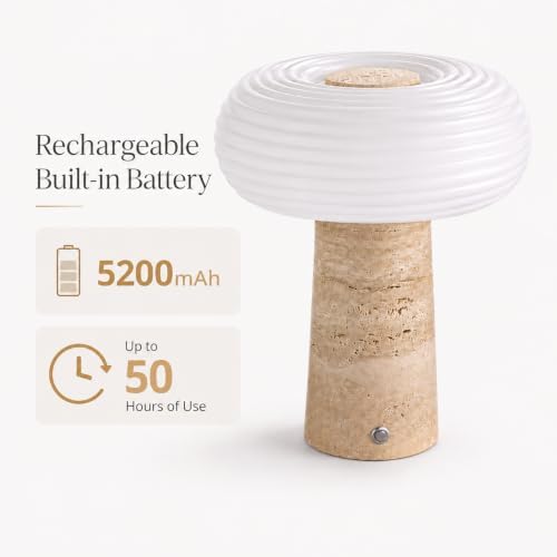 Nebula Travertine Cordless Table Lamp, Rechargeable Lamp with 5200mAh Battery, 3- Way Dimmable, Natural Marble Base, Ribbed Glass Shade, for Bedroom Living Room Office - Image 4