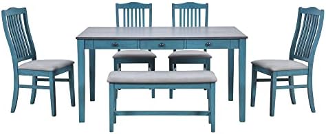 Compact 6-Piece Dining Table Set, Solid Wood Kitchen Dining Room Table Set with 4 Padded Ergonomic Chairs & Bench, 60'' Rectangular Table with Storage Drawer, Space-saving Design (Antique Blue-P) - Image 7