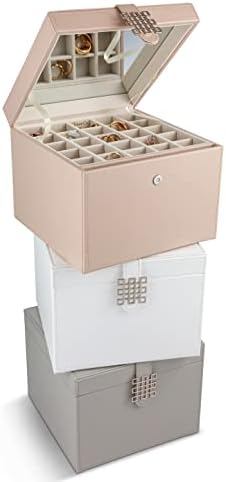 Glenor Co Earring Organizer Holder - 75 Small & 4 Large Slots Classic Jewelry Box with Drawer & Modern Closure, Mirror, 4 Trays Earrings, Ring or Chain Storage - PU Leather Case - Sand - Image 4